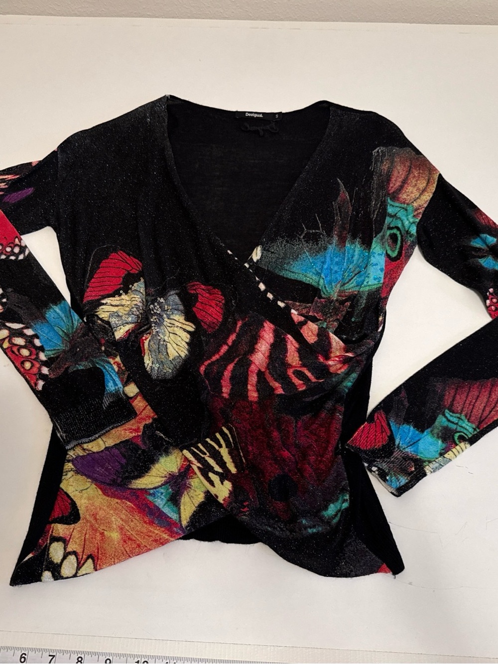 Desigual Black Long-Sleeve Butterfly-Print Wrap Top